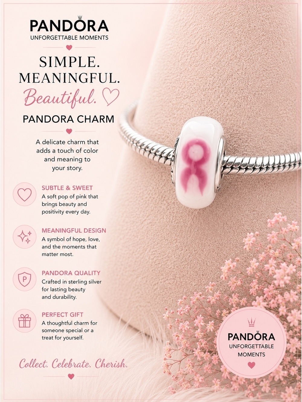 Pandora Unforgettable Moments Pink Ribbon Charm Sterling Silver